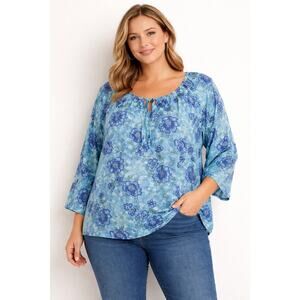 St Johns Bay Womens 2XL Blue Floral Peasant Blouse Tie Neck